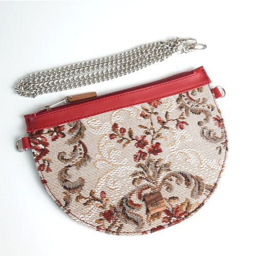 Eslo Manci hazai designer női  meggypiros gobelin bőr mini clutch, prémium minőség, kézzel készített egyedi dizájn.