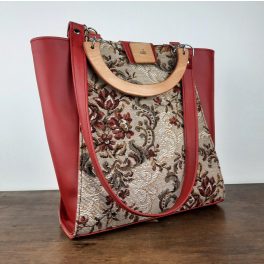 Eslo Manci hazai designer női  meggypiros gobelin bőr válltáska, prémium minőség, kézzel készített egyedi dizájn.