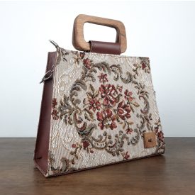 Eslo Manci hazai designer női  gesztenyebarna gobelin bőr oldaltáska, prémium minőség, kézzel készített egyedi dizájn.