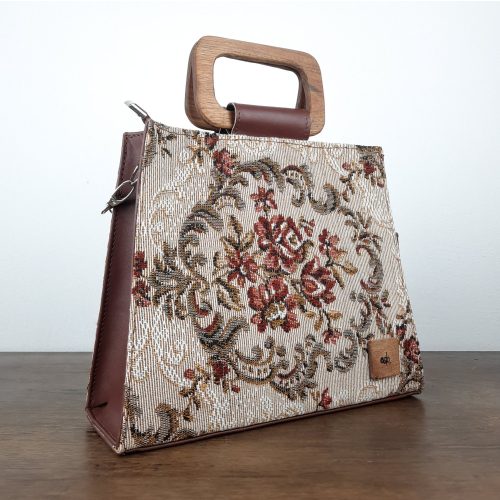 Eslo Manci hazai designer női  gesztenyebarna gobelin bőr oldaltáska, prémium minőség, kézzel készített egyedi dizájn.